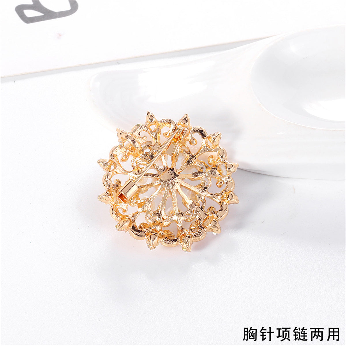 Clear Cubic Zirconia and Pearl 18K Gold-Plated Round Floral Brooch, gold brooch pin, botanical inspired, styled look