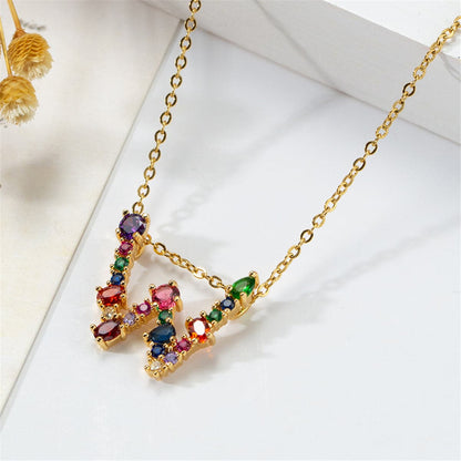 Red Multicolor Crystal and Cubic Zirconia Letter W Pendant Necklace, pendant necklace for women, front view