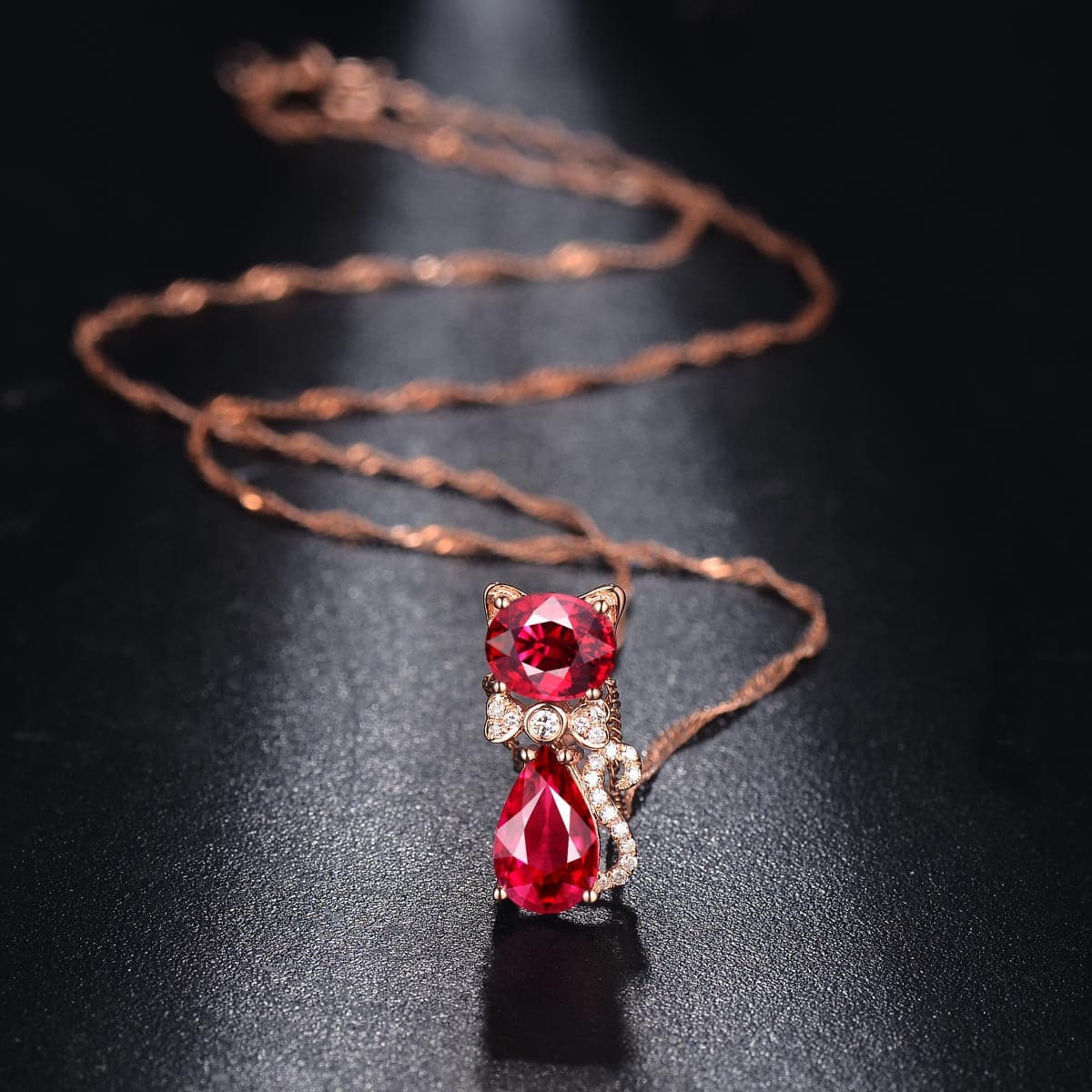 Red Crystal & Cubic Zirconia Kitty Pendant Necklace