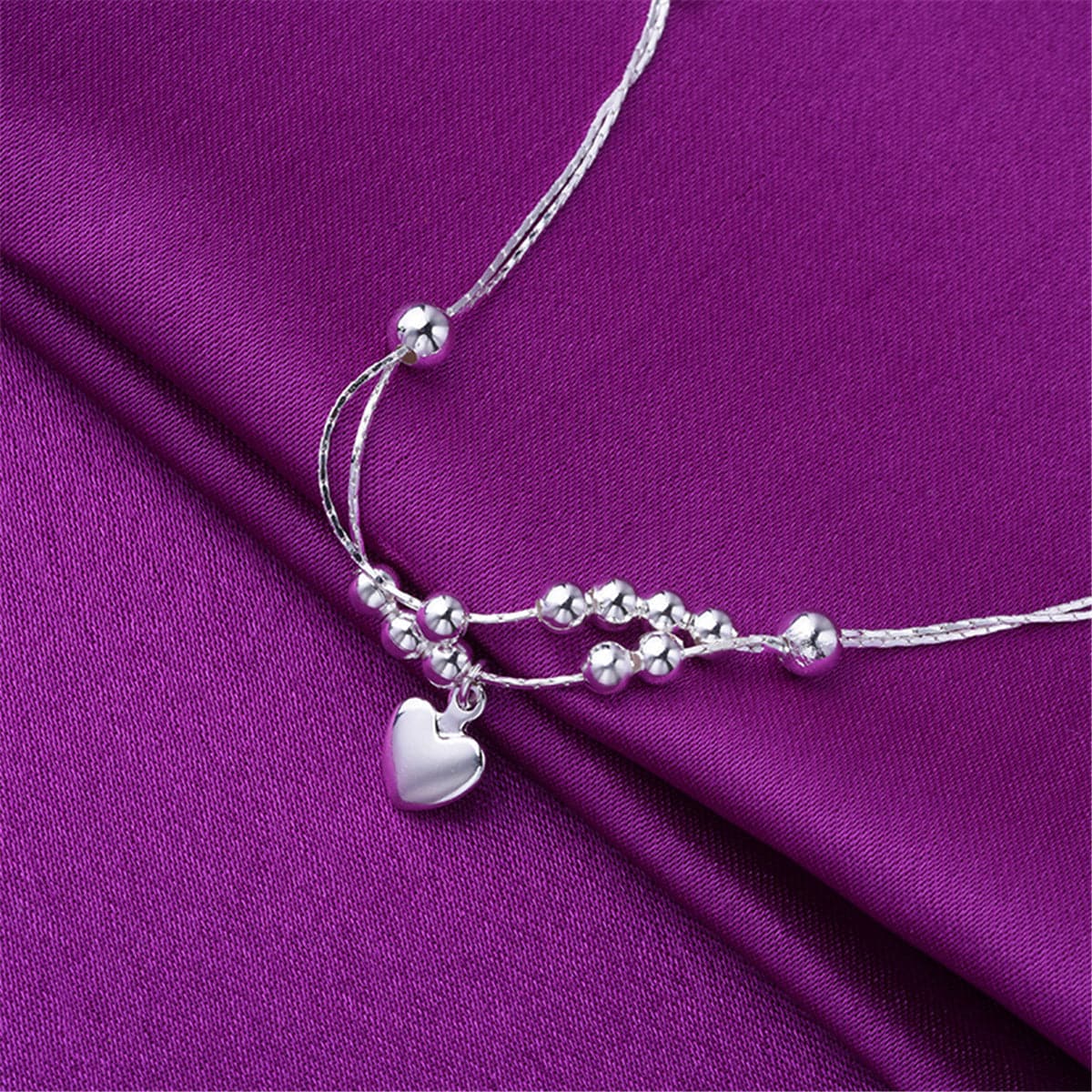 Silver-Plated Beaded Heart Charm Anklet
