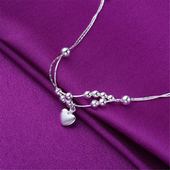 Silver-Plated Beaded Heart Charm Anklet