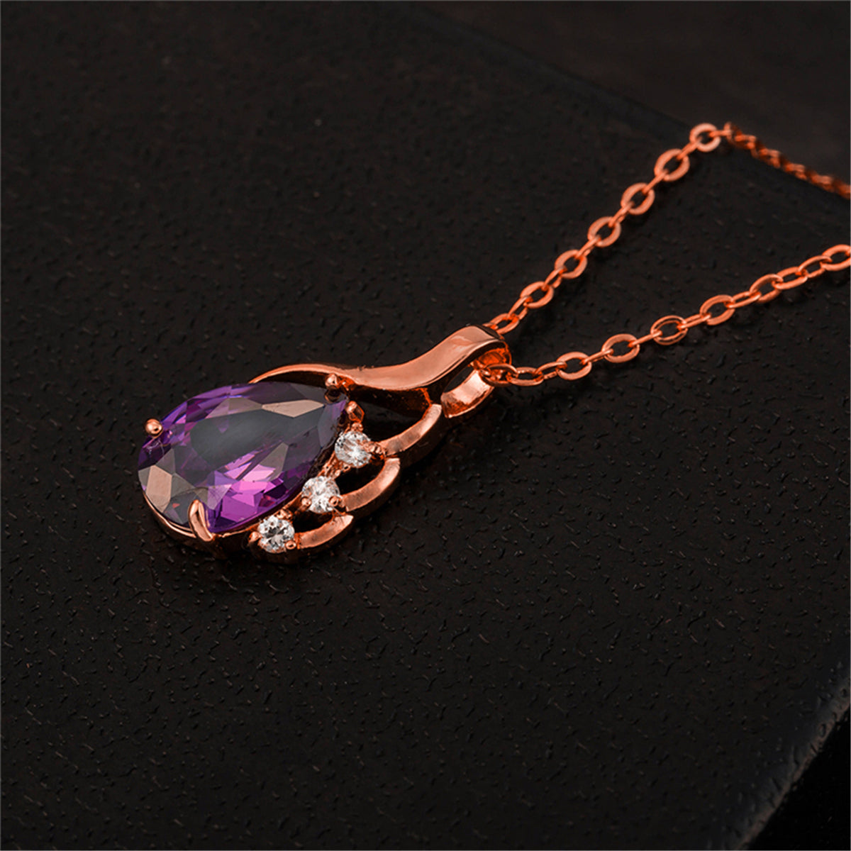 Purple Crystal and Cubic Zirconia Drop Pendant Necklace, pendant necklace for women, dainty minimalist design, side view