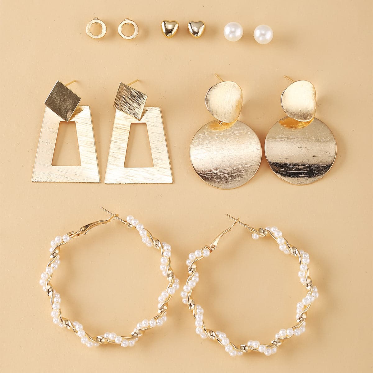 Pearl & 18K Gold-Plated Geometric Stud & Drop Earrings Set