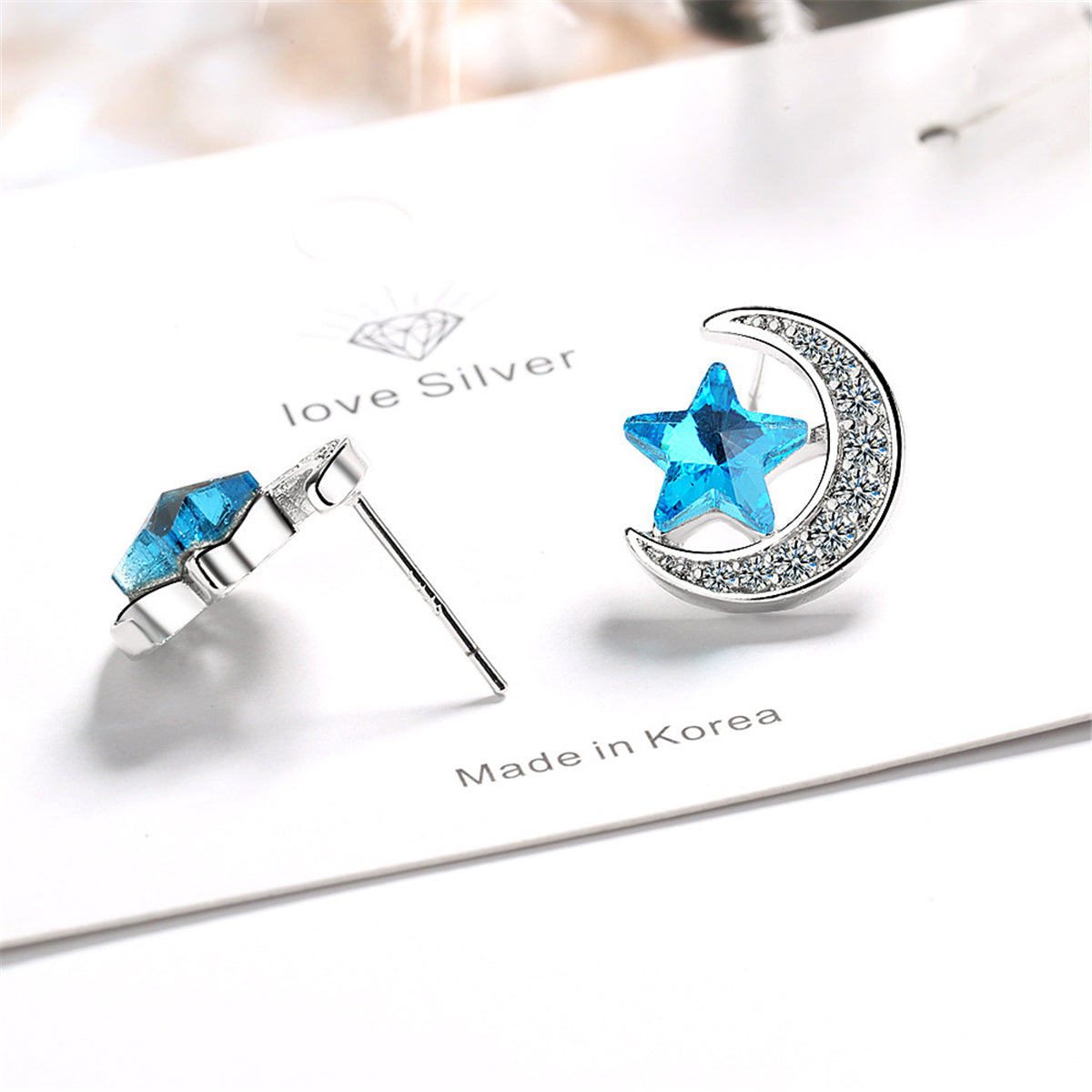 Blue Crystal Star & Cubic Zirconia Moon Stud Earring