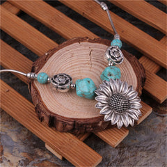 Turquoise & Silver-Plated Sunflower Pendant Necklace
