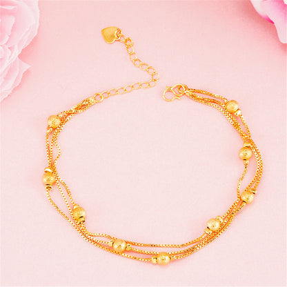 24K Gold-Plated Round Bead Layered Anklet, gold anklet bracelet, dainty minimalist design, detail close-up
