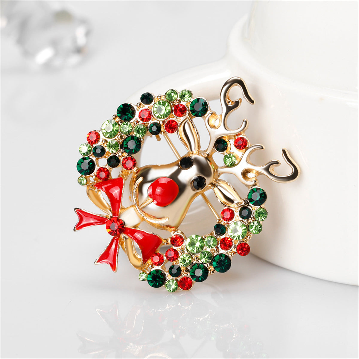 Cubic Zirconia and 18K Gold-Plated Botany Bow and Reindeer Brooch, gold brooch pin, everyday style, front view