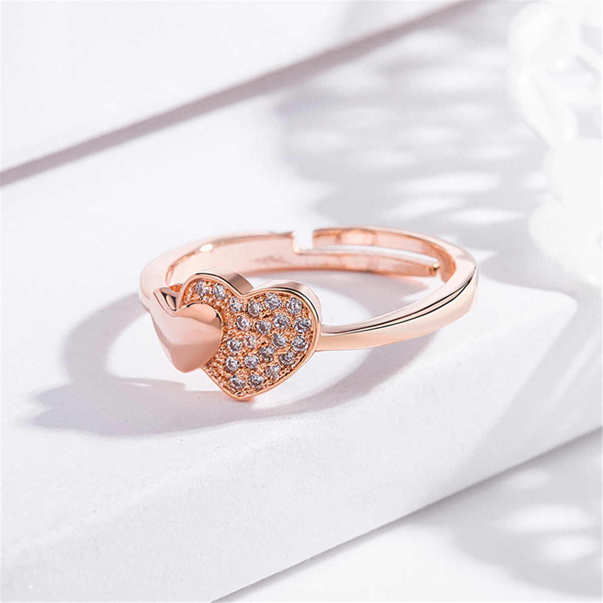 18K Rose Gold-Plated Cubic Zirconia Heart Adjustable Ring, rose gold statement rings for women, detail close-up