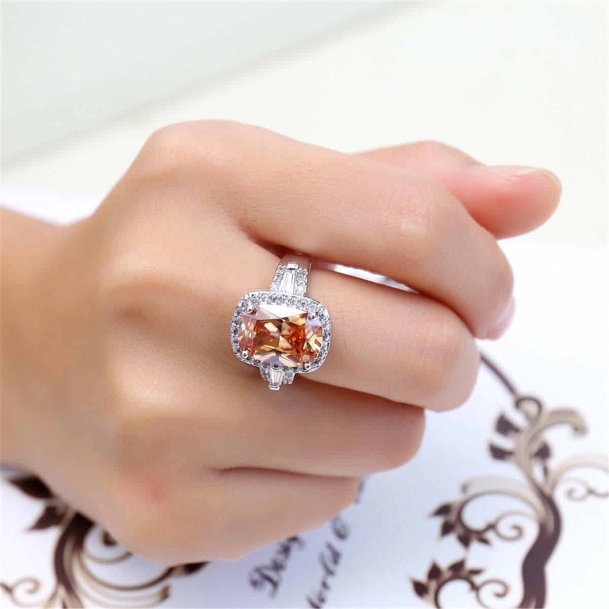 Champagne Crystal and Cubic Zirconia Halo Oval-Cut Ring, statement rings for women, botanical inspired, side view