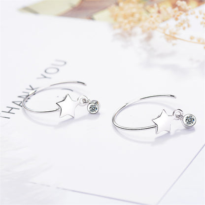 Cubic Zirconia and Silver-Plated Star Hoop Earrings, silver drop earrings for women, dainty minimalist design, side view