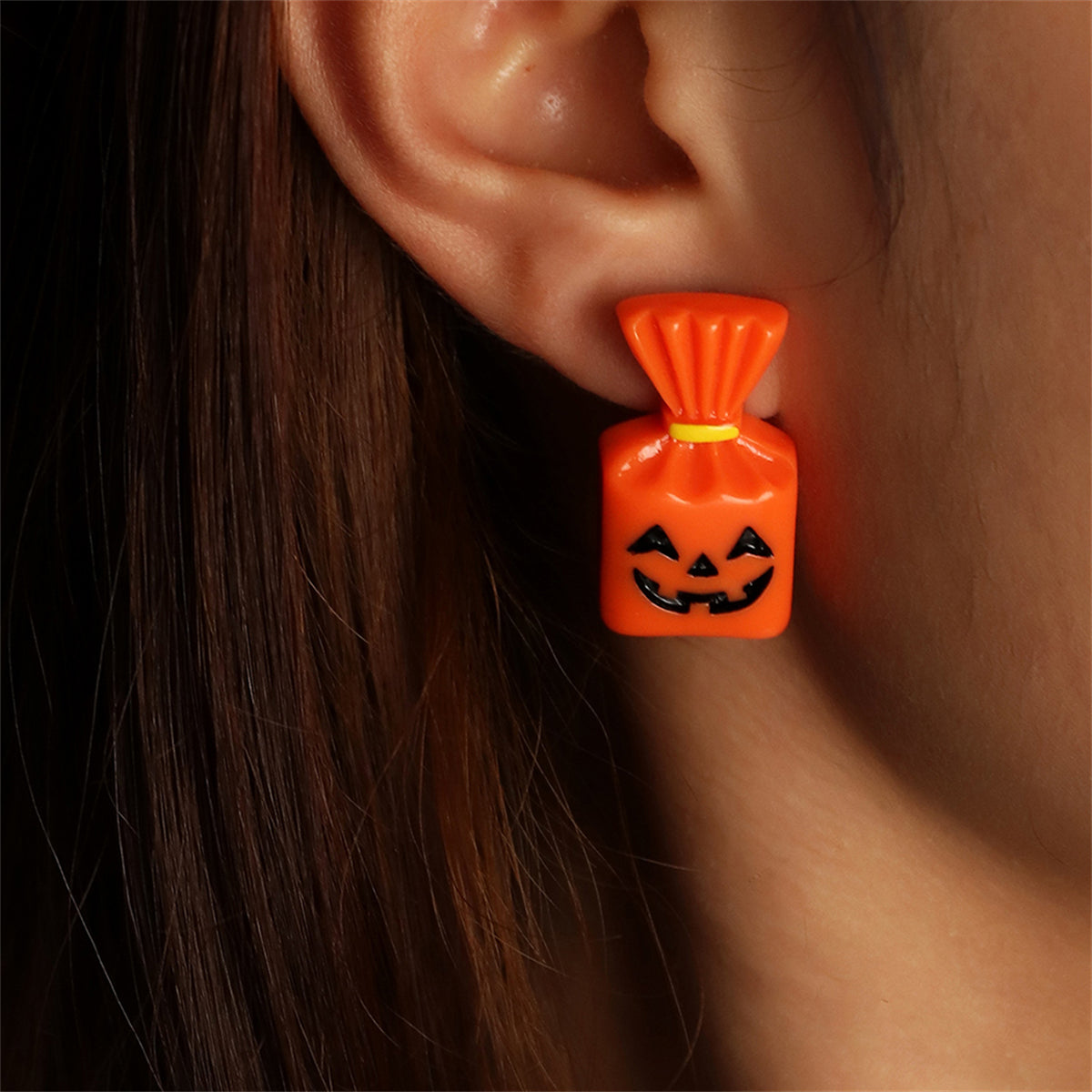 Orange and Silver-Plated Pumpkin Candy Stud Earrings, silver stud earrings for women, botanical inspired, detail close-up