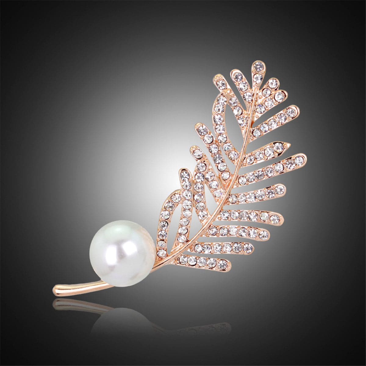 Cubic Zirconia and Pearl 18K Gold-Plated Leaf Brooch, gold brooch pin, vintage-inspired design, front view