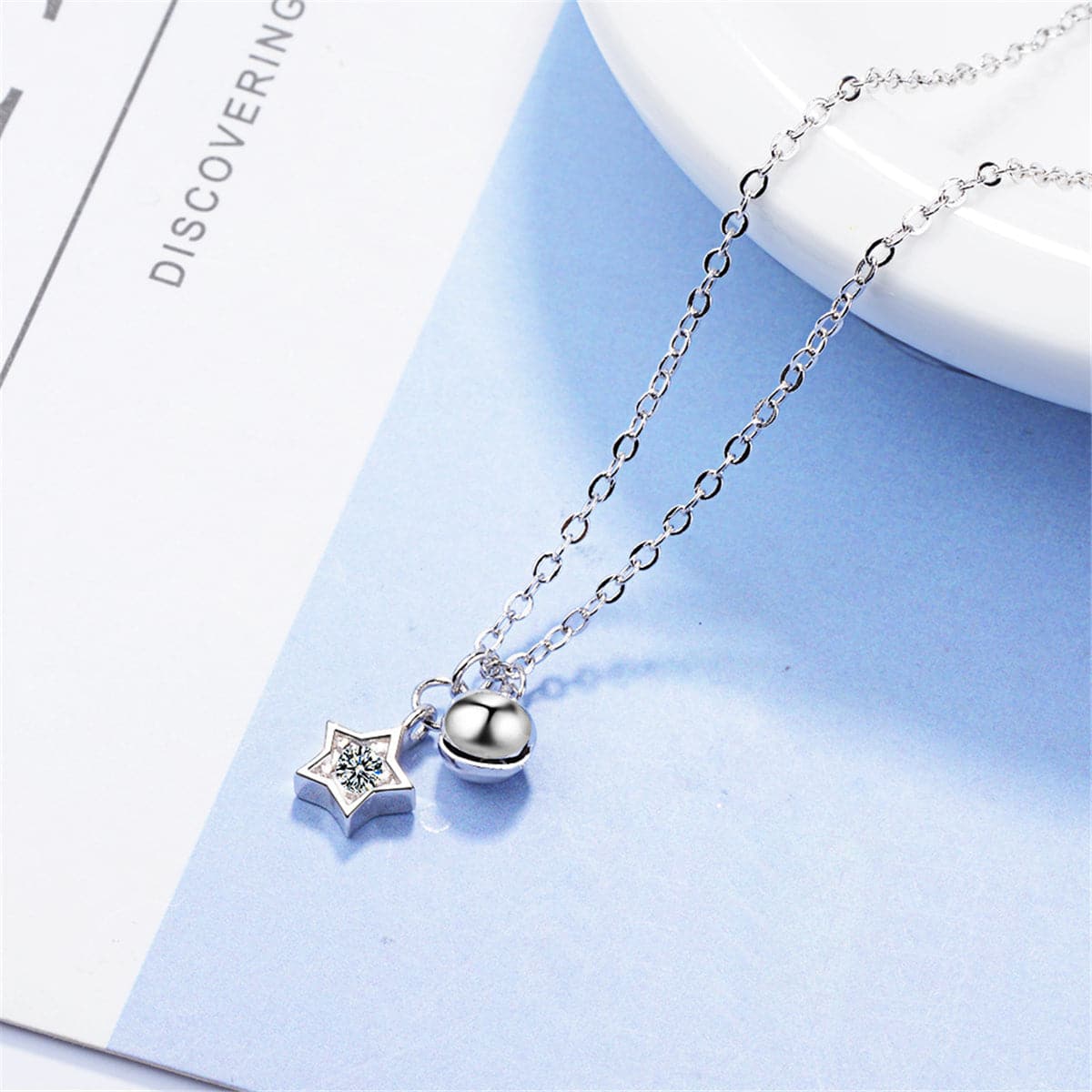 Cubic Zirconia & Silver-Plated Star & Bead Pendant Necklace