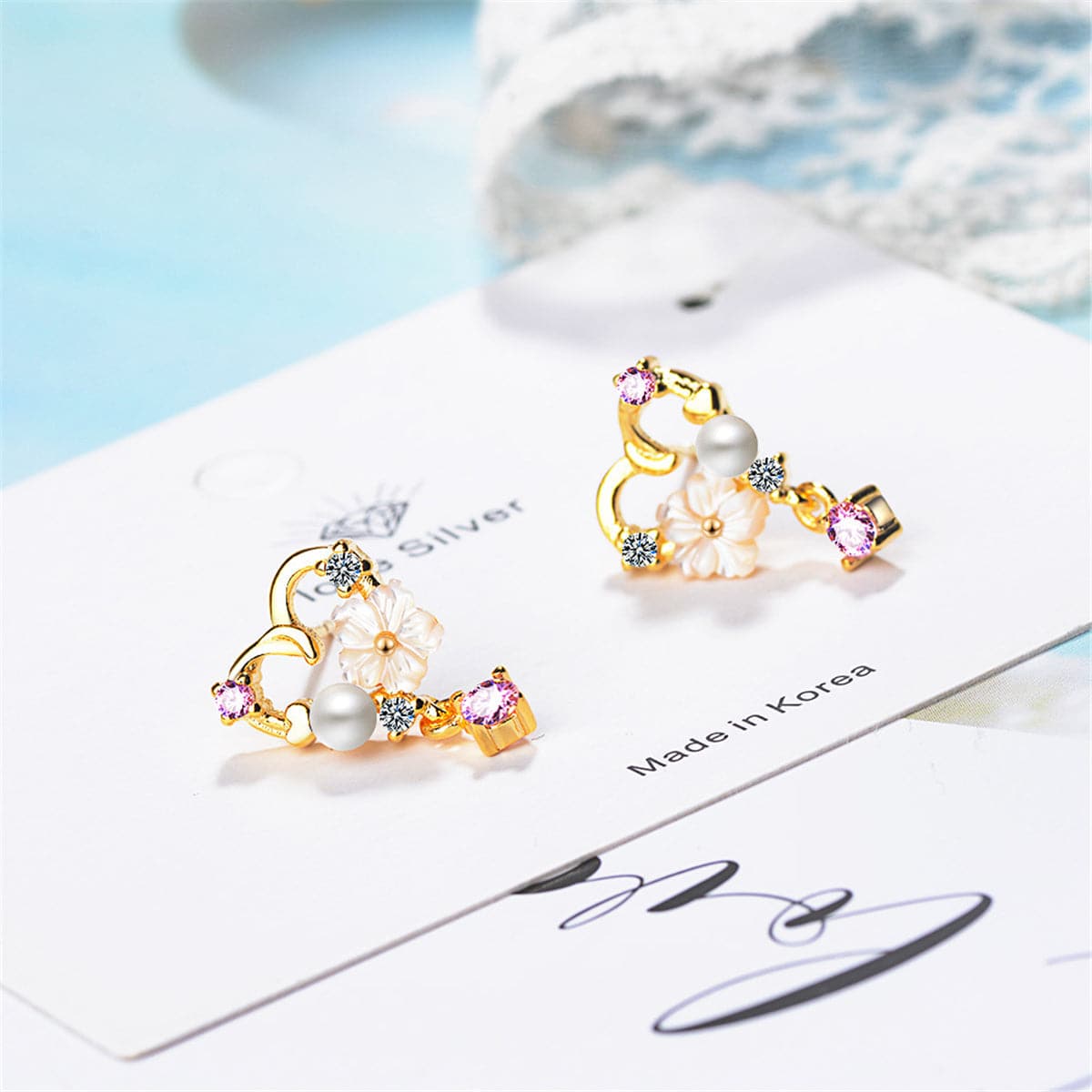 Cubic Zirconia & Pearl 18K Gold-Plated Flower Heart Drop Earring