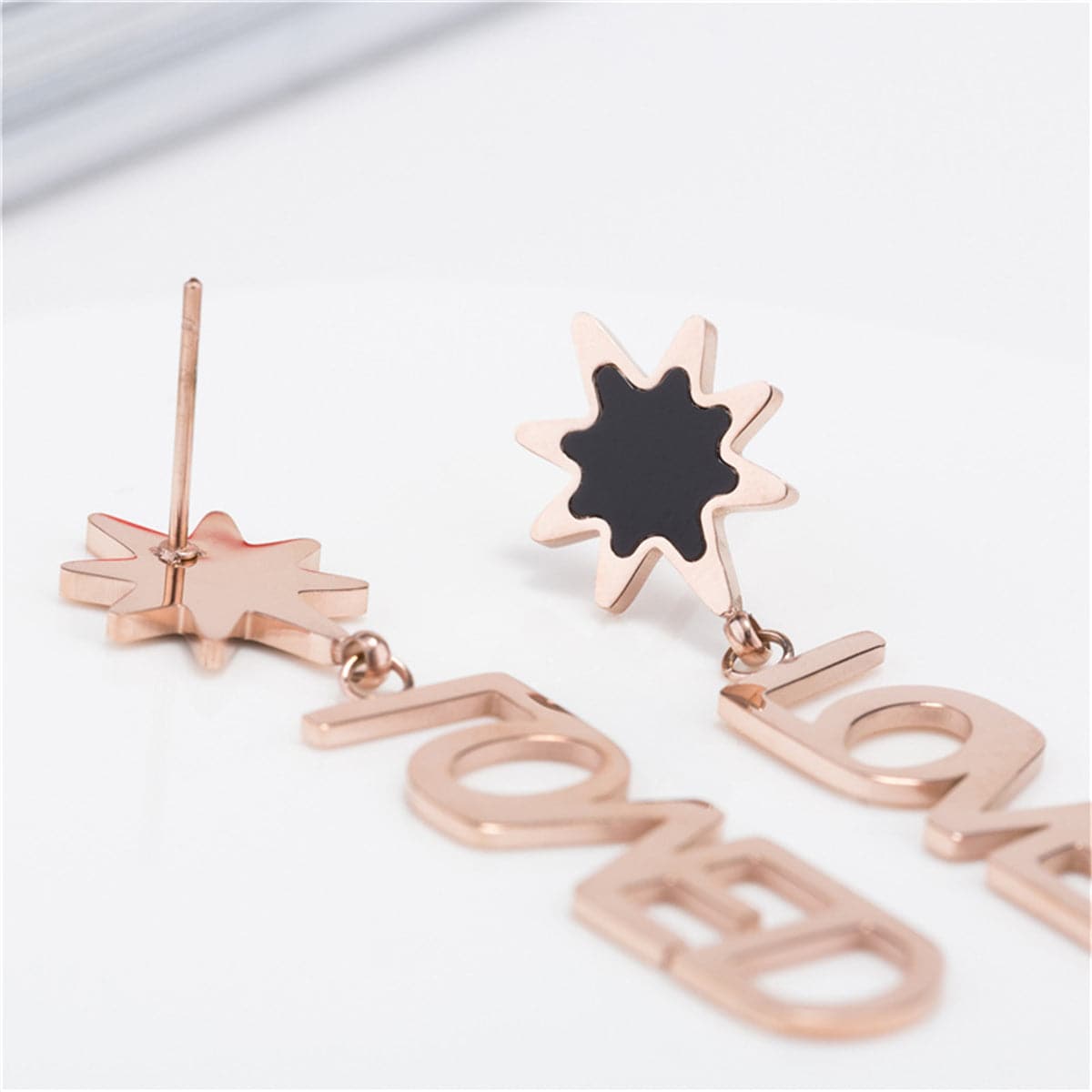 Black and 18K Rose Gold-Plated 'Loved' Drop Earrings, rose gold drop earrings for women, everyday style, detail close-up