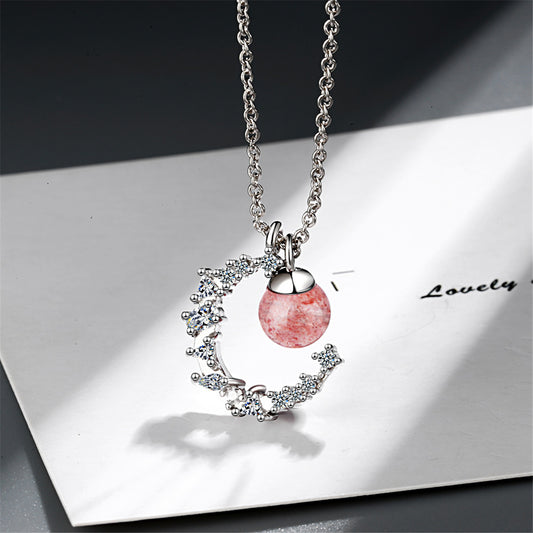 Strawberry Red Crystal and Cubic Zirconia Moon Pendant Necklace, pendant necklace for women, front view