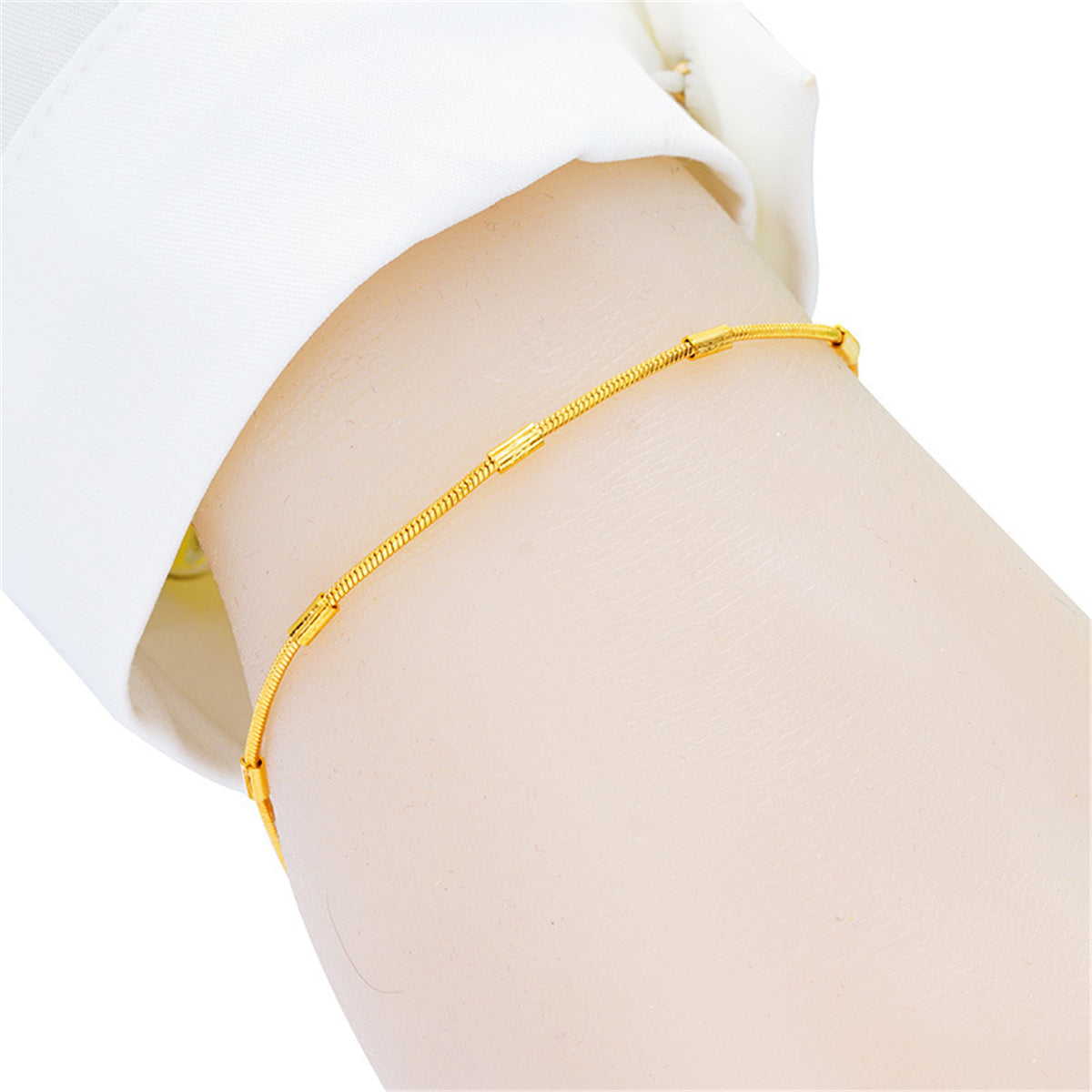 24K Gold-Plated Bamboo Station Bracelet, gold bracelet for women, dainty minimalist design, lifestyle look