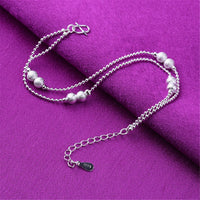Fine Silver-Plated Frosted Bead Double-Strand Anklet