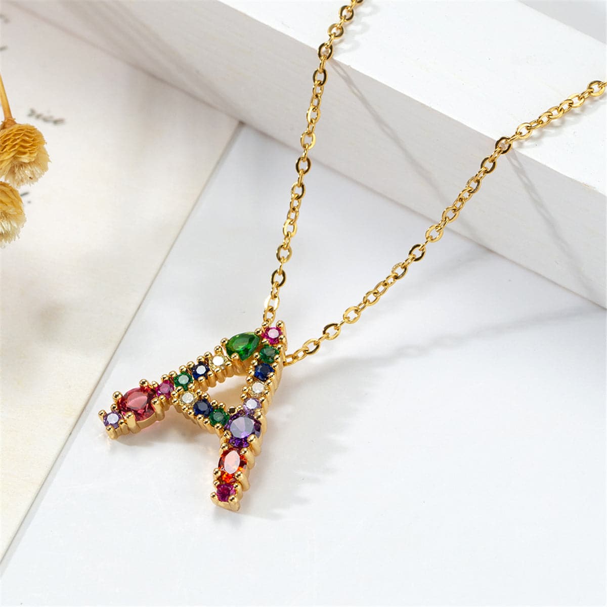 Red Multicolor Crystal and Cubic Zirconia Letter A Pendant Necklace, pendant necklace for women, front view