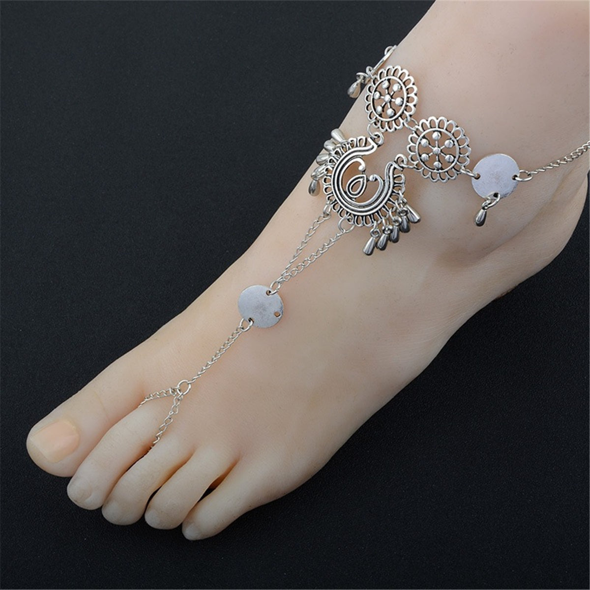Silver-Plated Owl Ankle-To-Toe Ring Anklet, silver statement rings for women, dainty minimalist design, front view