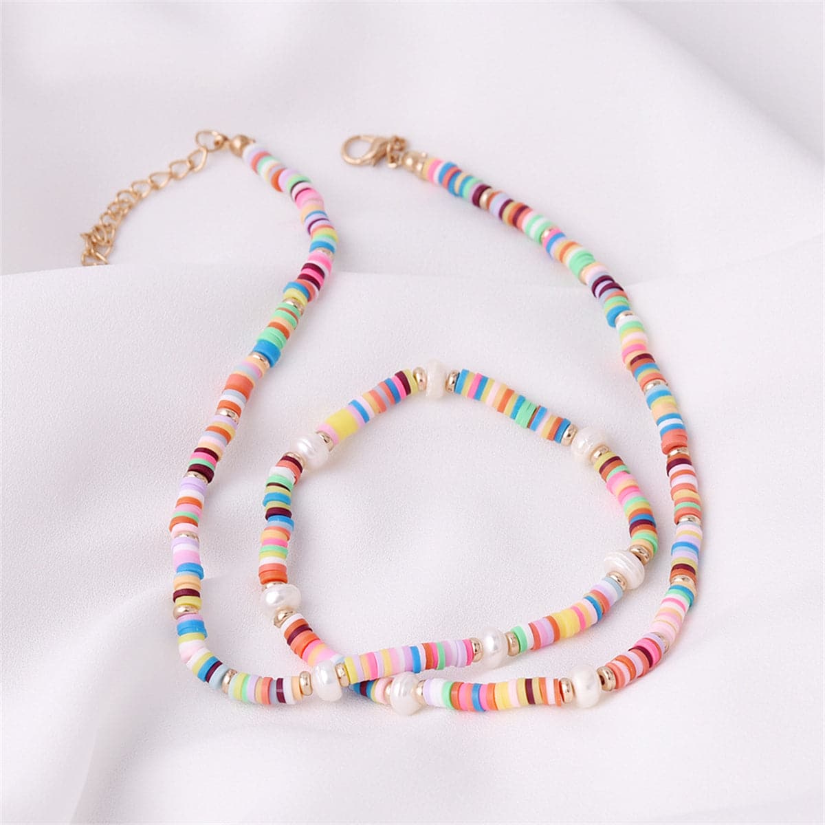 Pearl and Multicolor Polymer Clay 18K Gold-Plated Bead Necklace, gold pendant necklace for women, side view