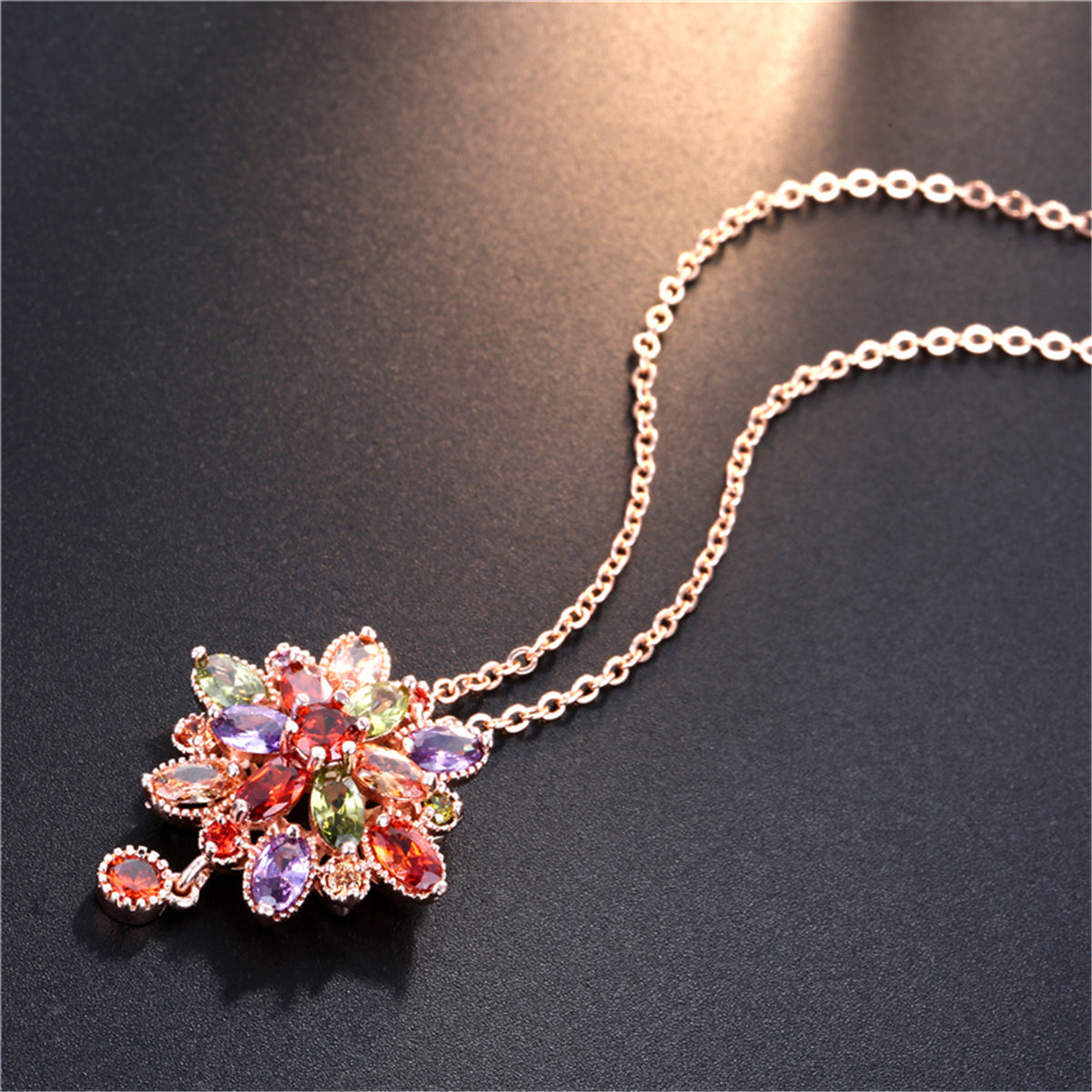Multicolor Crystal & 18K Rose Gold-Plated Flower Pendant Necklace