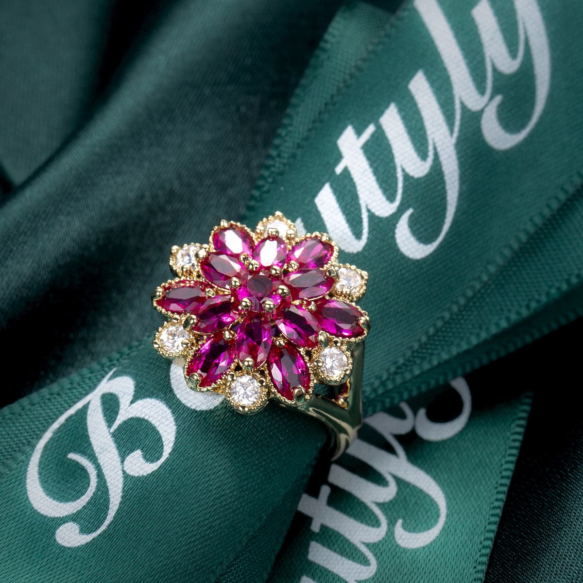 Red Corundum and Cubic Zirconia Flower Ring, statement rings for women, botanical inspired, detail close-up