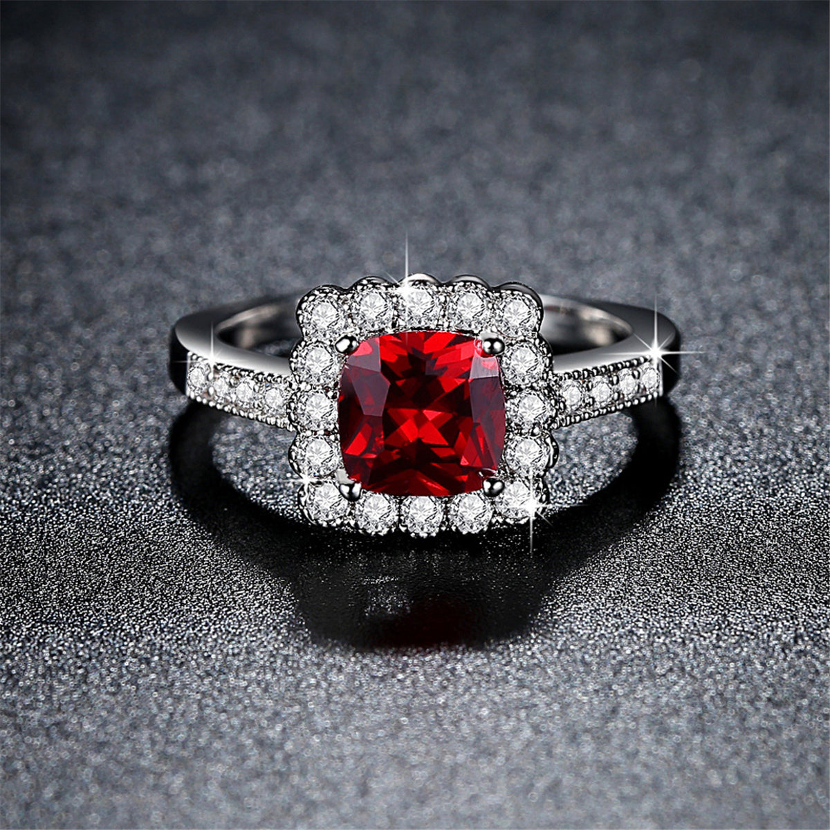 Red Crystal and Cubic Zirconia Cushion-Cut Hola Ring, statement rings for women, vintage-inspired design, front view