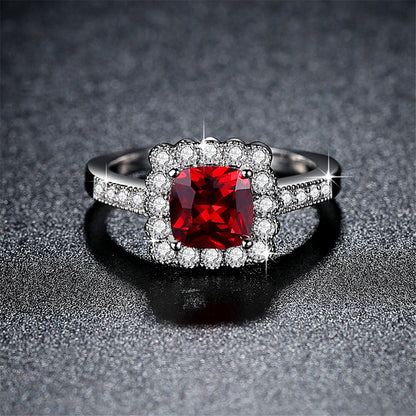 Red Crystal and Cubic Zirconia Cushion-Cut Hola Ring, statement rings for women, vintage-inspired design, front view
