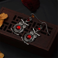 Red Crystal & Silver-Plated Owl Drop Earrings
