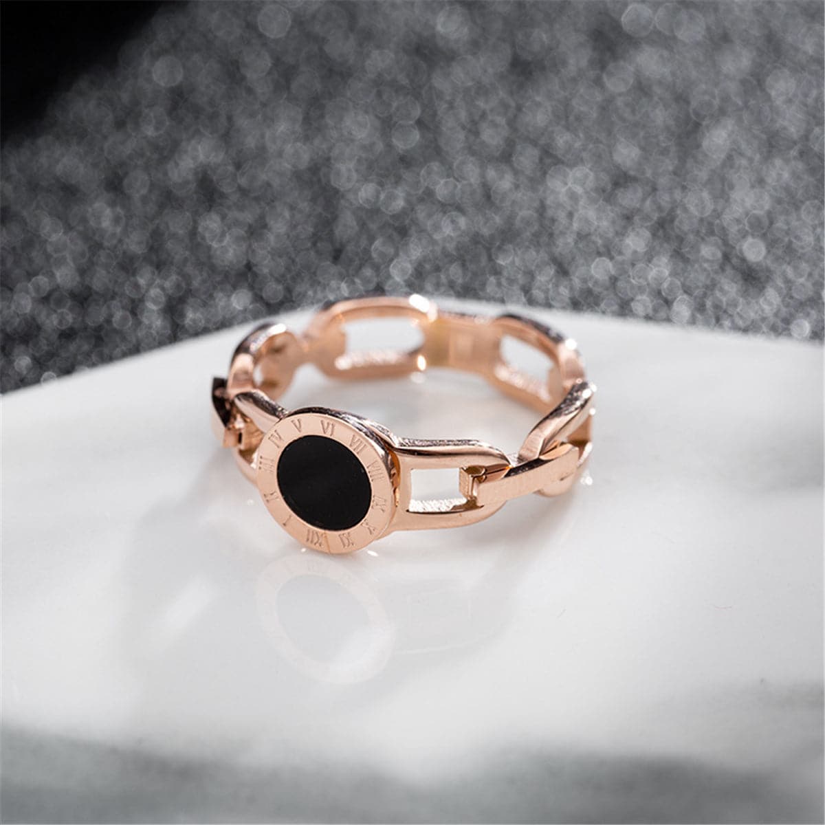 Black Shell & 18K Rose Gold-Plated Link Roman Numeral Ring
