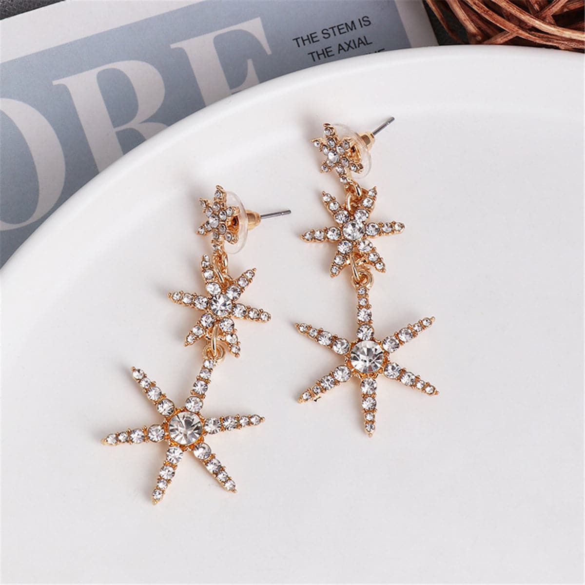 Cubic Zirconia & 18K Gold-Plated Triple Stacked Star Drop Earrings