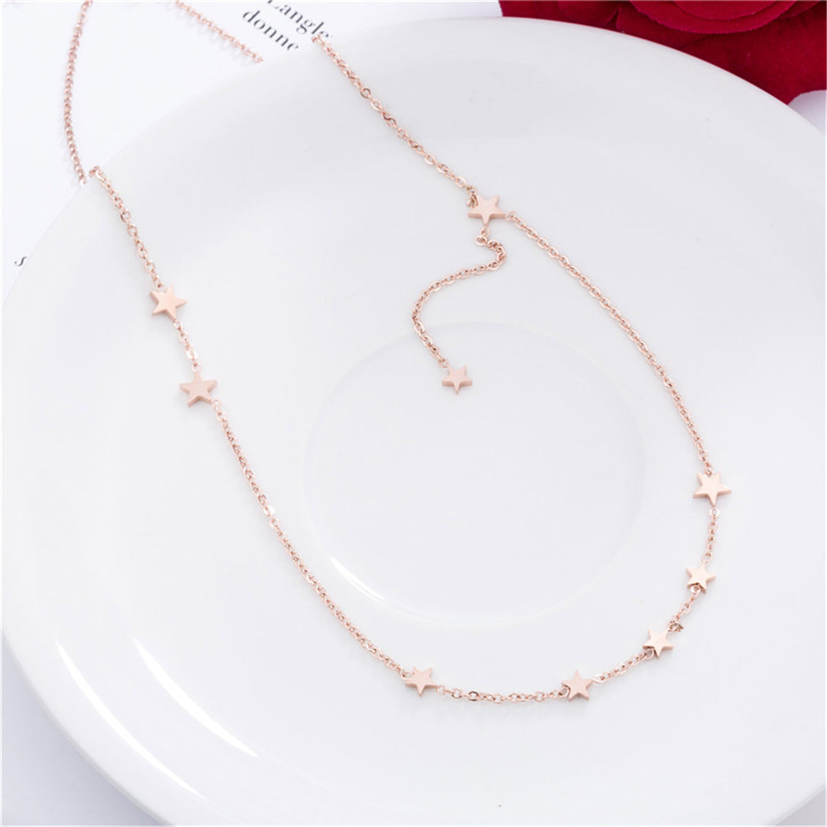 18K Rose Gold-Plated Star Station Necklace, rose gold pendant necklace for women, dainty minimalist design, lifestyle look