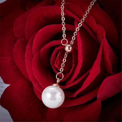 Pearl and 18K Rose Gold-Plated Lariat Necklace, rose gold pendant necklace for women, elegant gift for her, front view