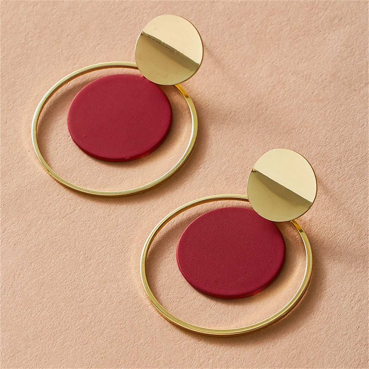 Red Emamel and 18K Gold-Plated Circle Drop Earring, gold drop earrings for women, botanical inspired, side view