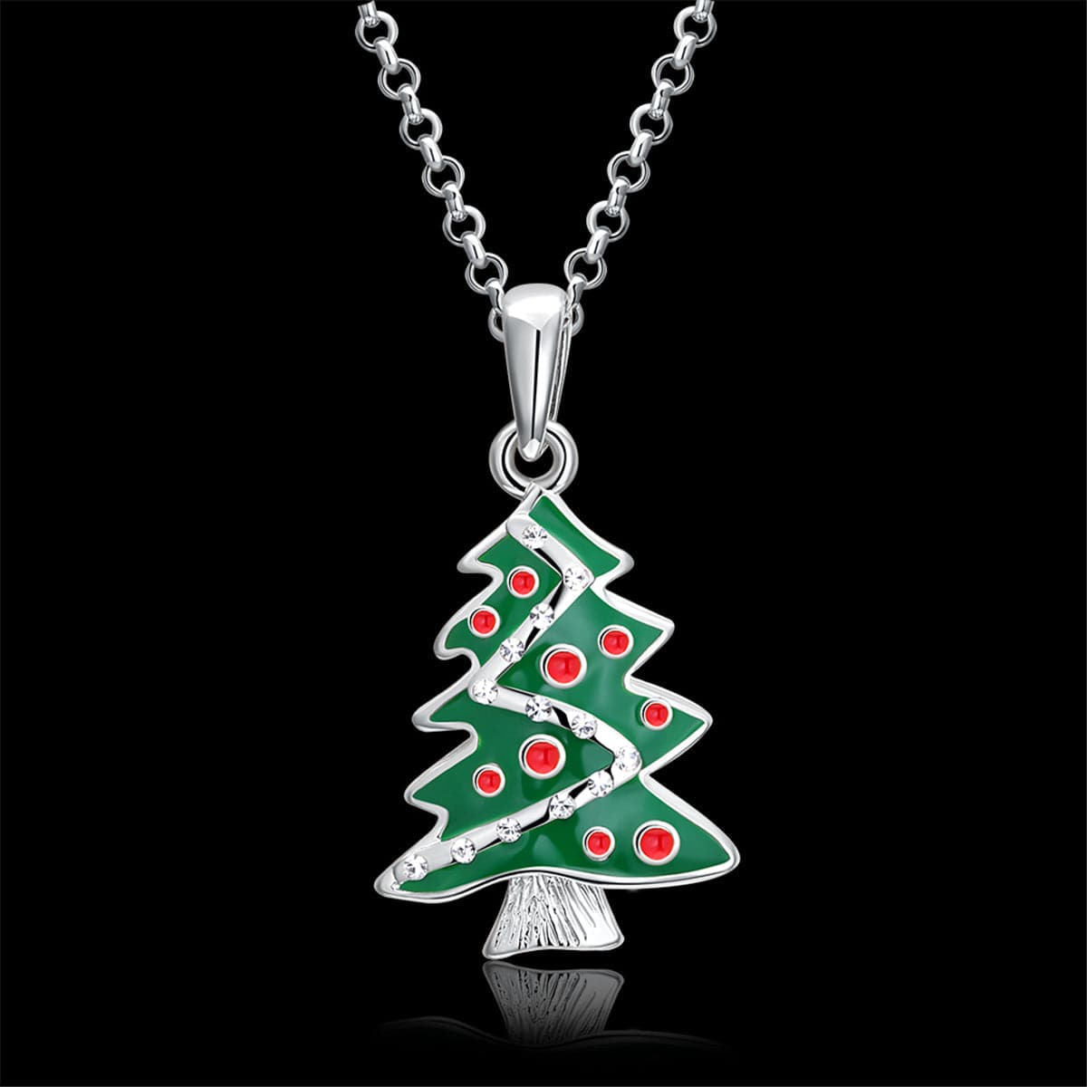 Cubic Zirconia & Enamel Silver-Plated Christmas Tree Pendant Necklace