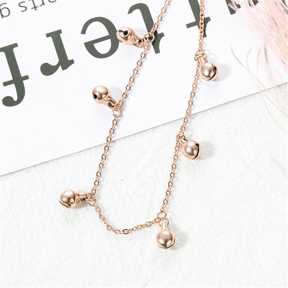 18K Rose Gold-Plated Bell Station Anklet, rose gold anklet bracelet, elegant gift for her, detail close-up