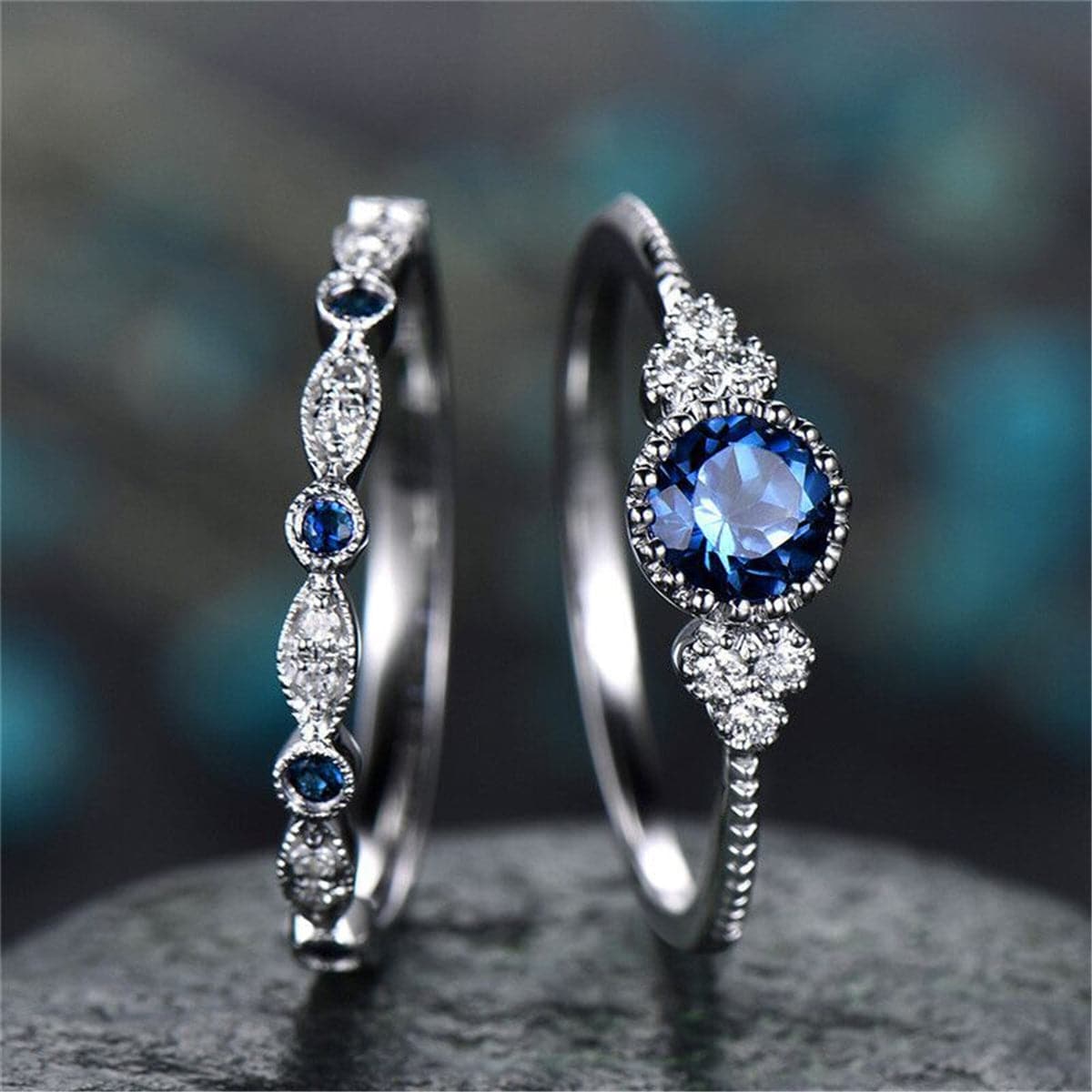 Blue Crystal & cubic zirconia Bezel Ring Set - streetregion