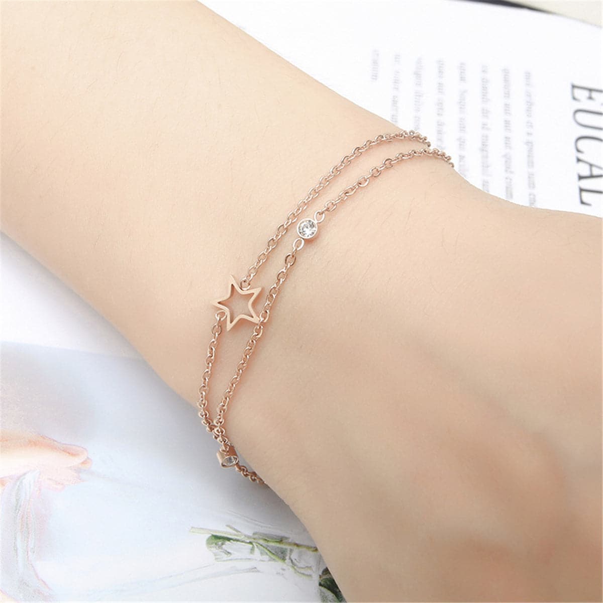 Cubic Zirconia & 18K Rose Gold-Plated Open Star Layered Bracelet