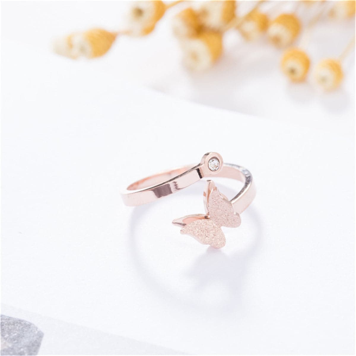 Cubic Zirconia & 18K Rose Gold-Plated Frosted Butterfly Ring