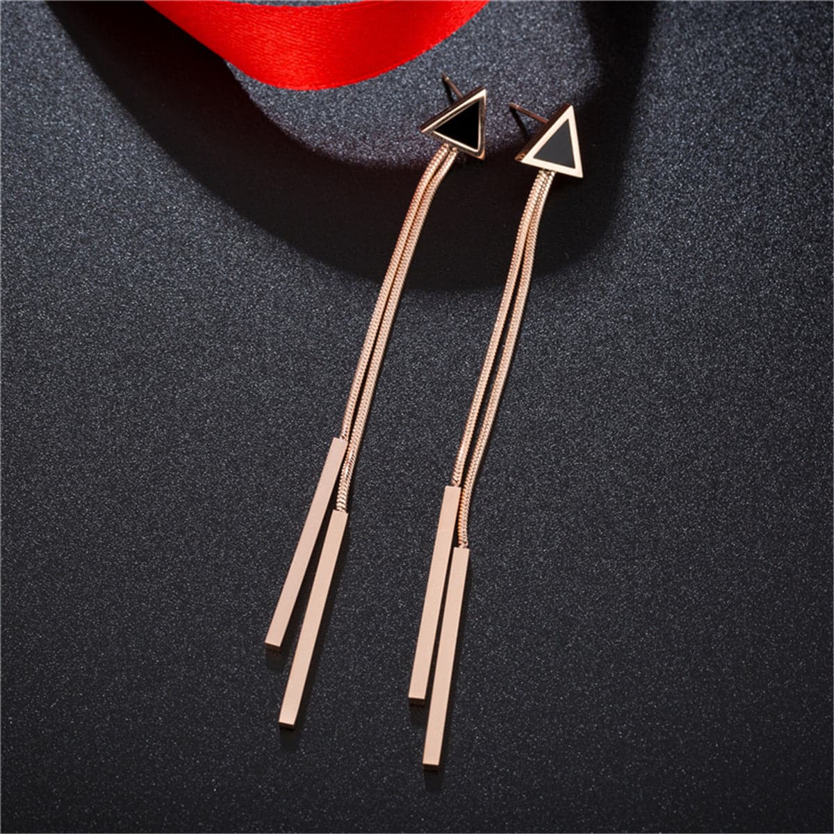18K Rose Gold-Plated and Black Triangle and Tassel Drop Earrings, rose gold drop earrings for women, front view