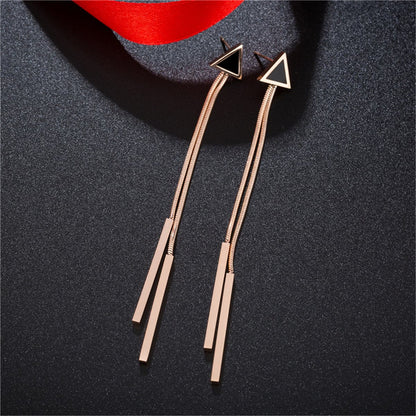 18K Rose Gold-Plated and Black Triangle and Tassel Drop Earrings, rose gold drop earrings for women, front view