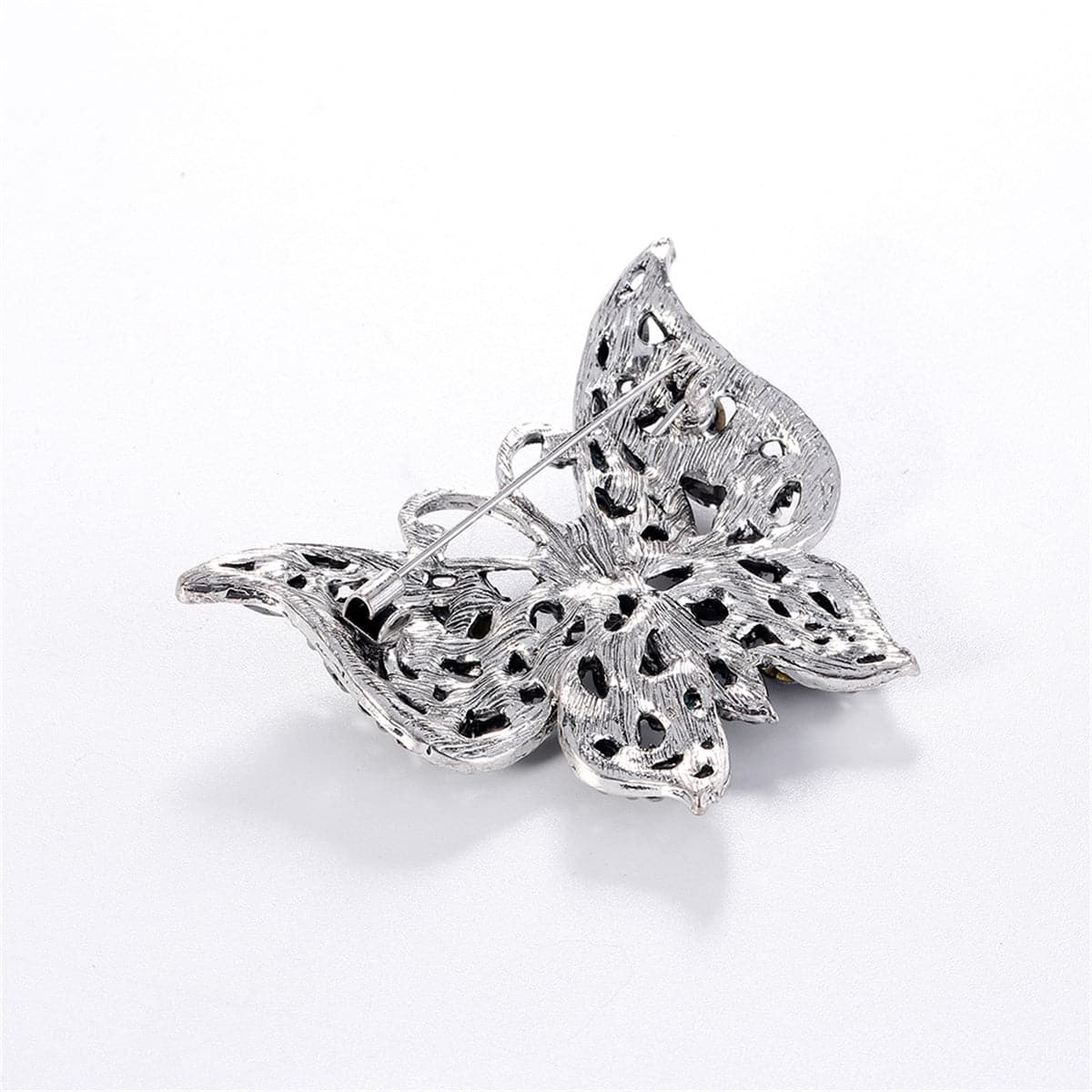 Black Crystal & Cubic Zirconia Silver-Plated Butterfly Brooch