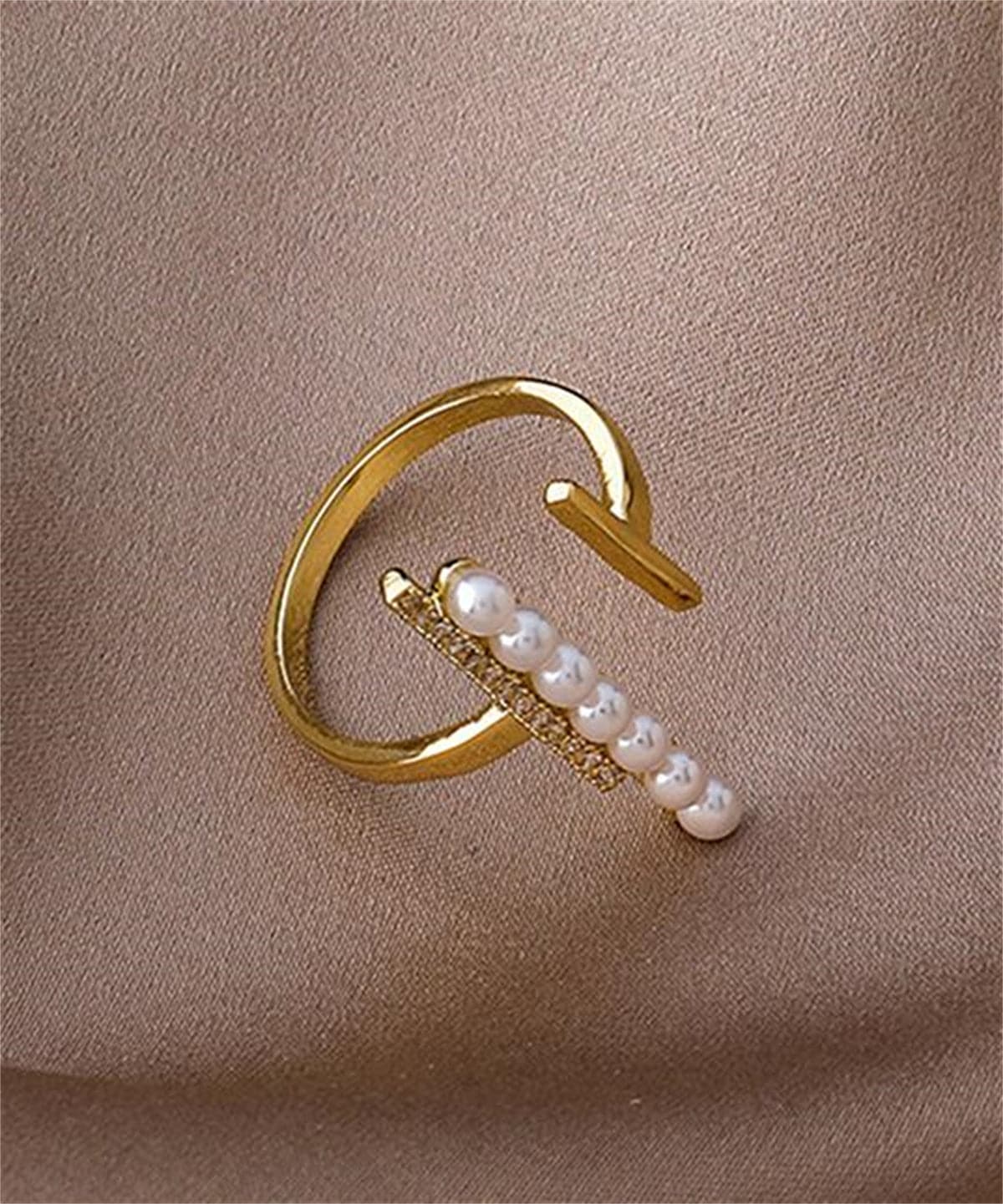 Pearl and Cubic Zirconia 18K Gold-Plated Bar Open Ring, gold statement rings for women, dainty minimalist design, side view