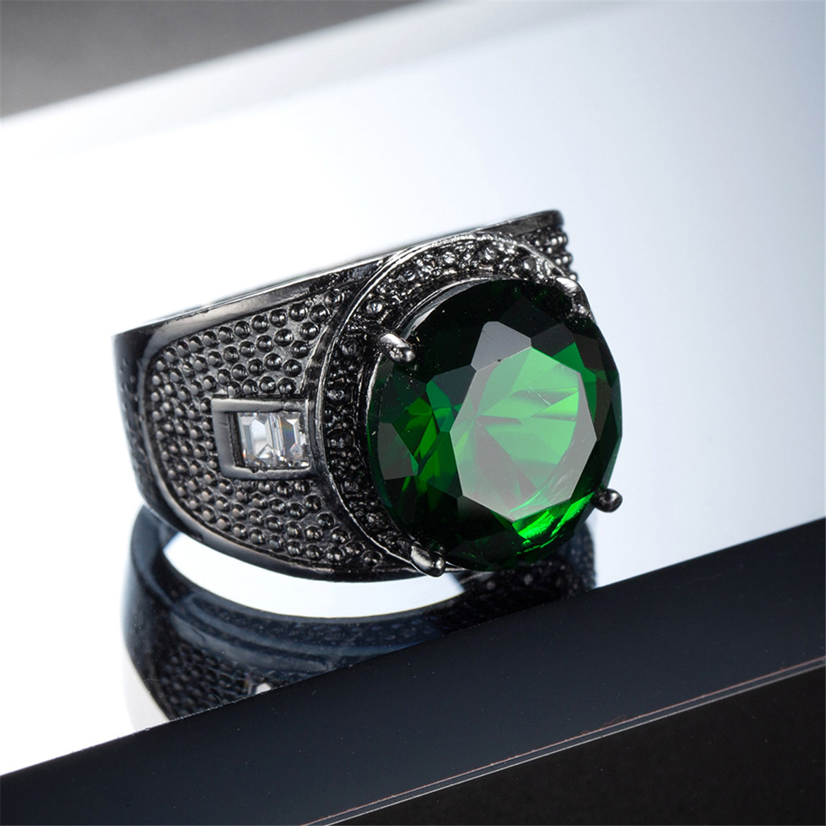 Green Crystal and Black-Tone Wide Ring, statement rings for women, everyday style, front view
