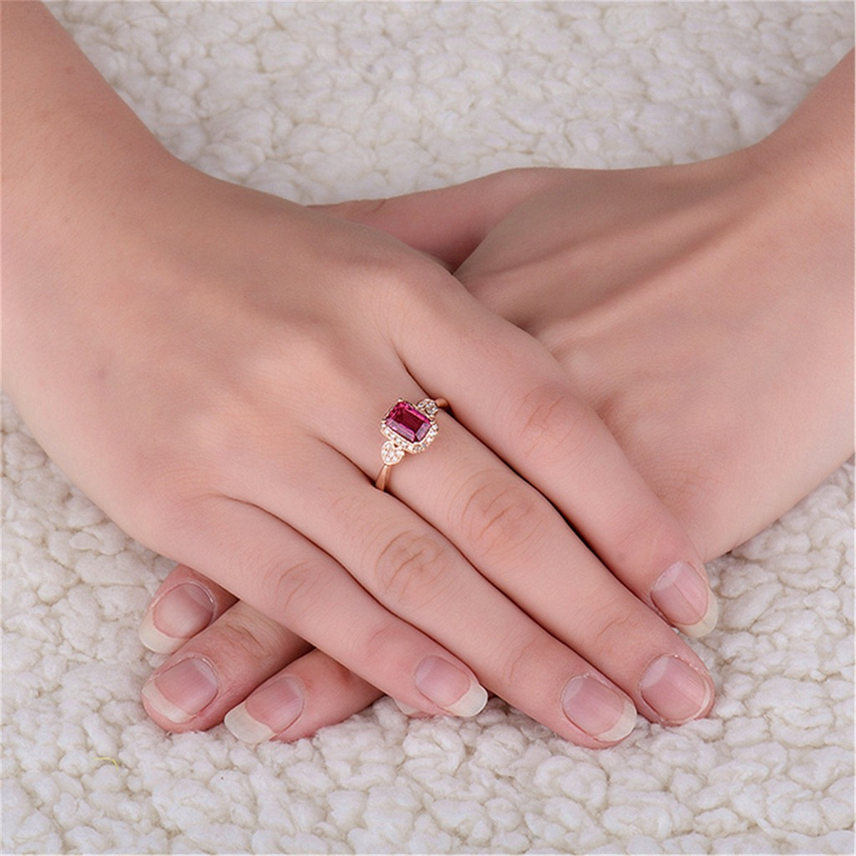 Red Cubic Zirconia and Crystal Heart Halo Ring, statement rings for women, botanical inspired, side view