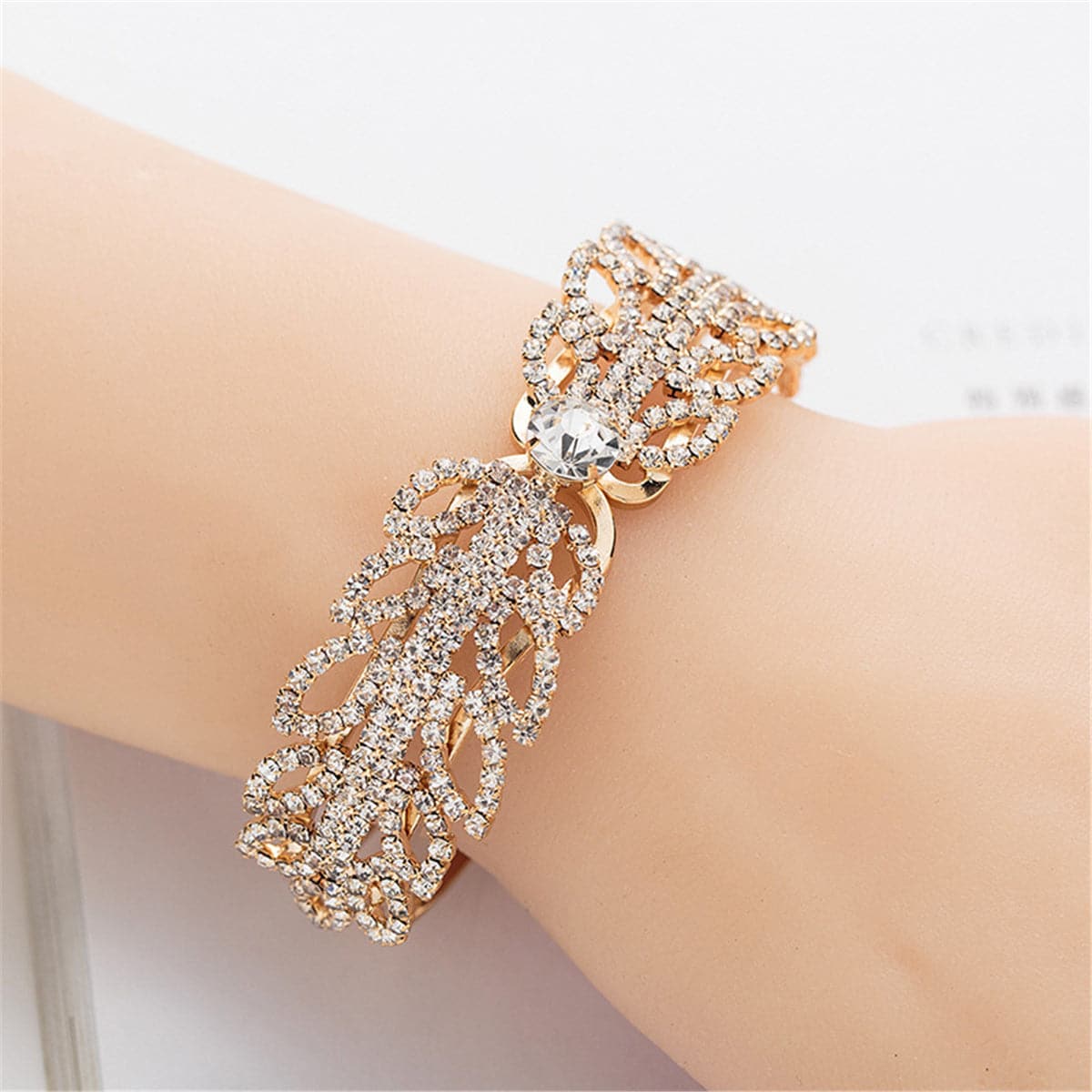Cubic Zirconia and 18K Gold-Plated Open Butterfly Bangle, gold bangle bracelet, vintage-inspired design, front view