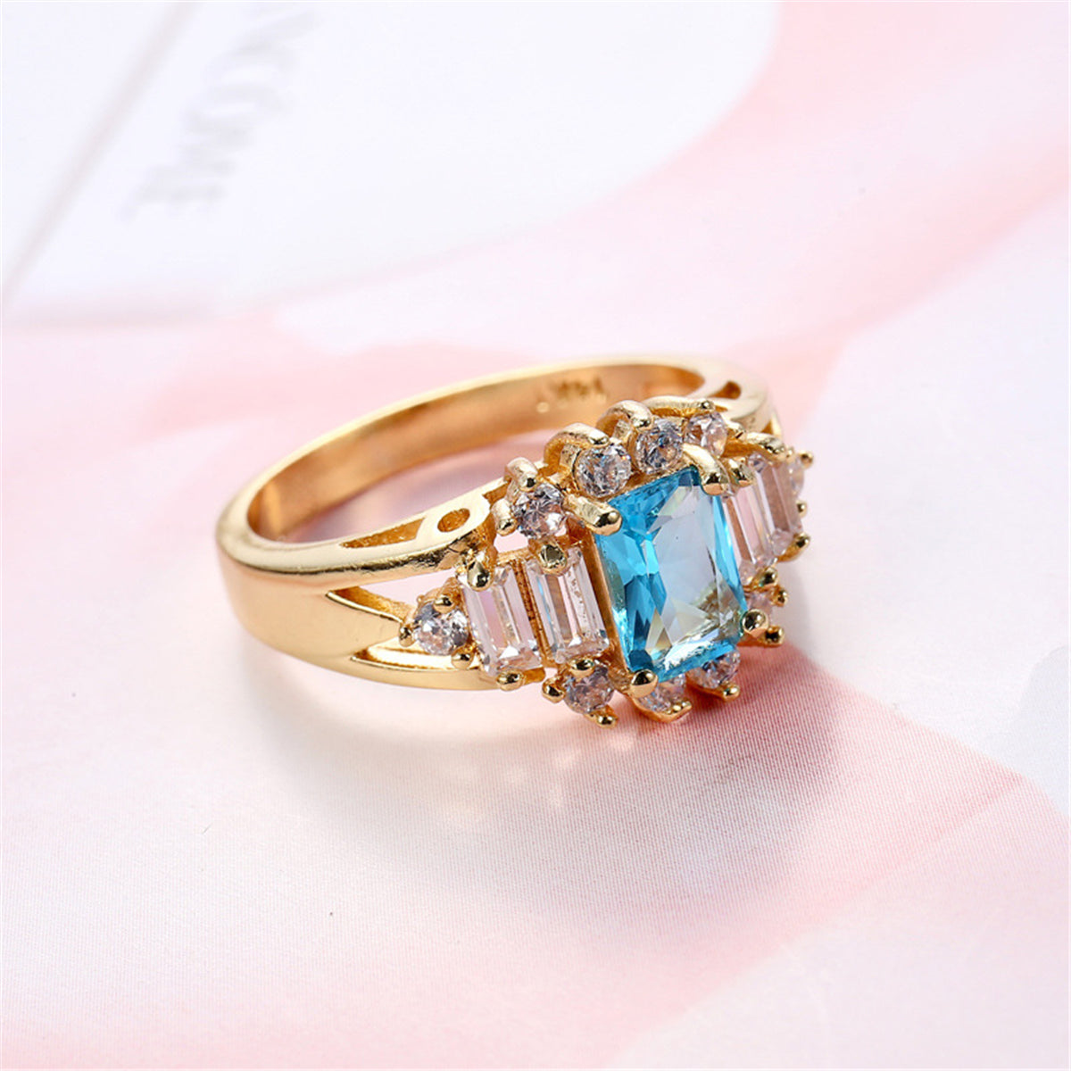 Blue Crystal and Cubic Zirconia Baguette-Cut Ring, statement rings for women, botanical inspired, front view
