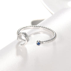 Blue Cubic Zirconia & Silver-Plated Anchor Open Ring
