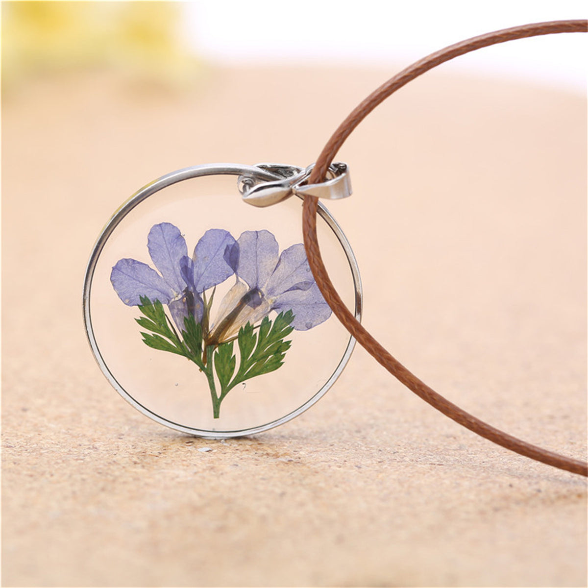 Blue Flower & Silver-Plated Round Pendant Necklace
